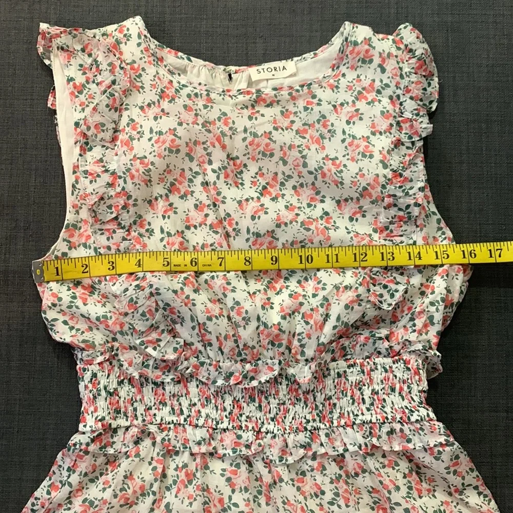 STORIA Ruffle Layer Ditzy Floral Mini Dress Pink White Medium Sleeveless Party